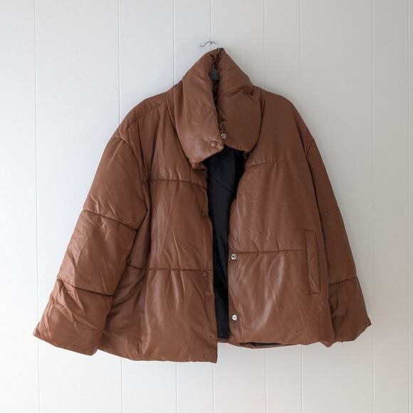 Bagatelle Caramel Brown Oversized Faux Leather Button Down Puffer Jacket, size L - Picture 1 of 9